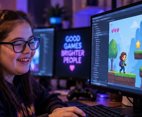 Illustration from the Next Steps one-sheet: creating a game at a computer