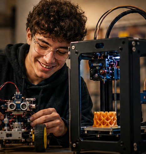 Illustration from the Next Steps one-sheet: building a robot beside a 3D printer