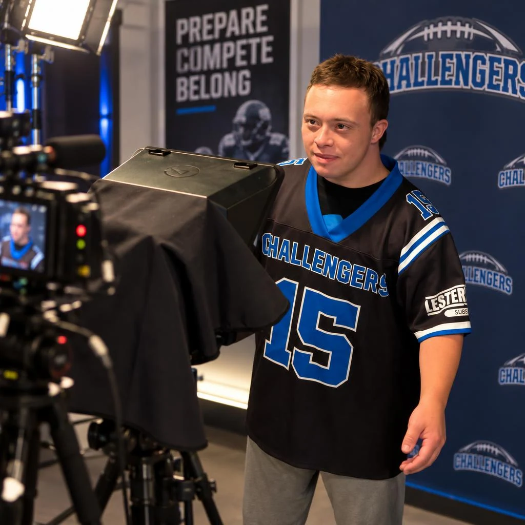 Matt in his Challenger jersey speaking on camera with a teleprompter